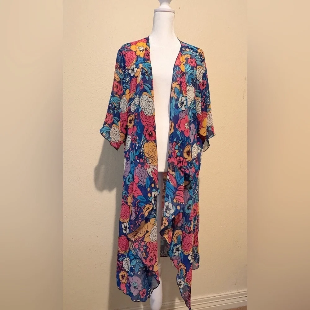 LuLaRoe Shirley Kimono Cardigan – Blue Floral Open Front Lightweight Drape,